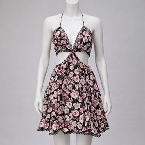 Sky to Moon Floral Cutout Halter Dress 🌸🖤